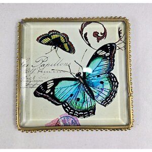 Butterfly Coaster Glass Square 4.25" x 4.25" Paper Weight Decor Gold Tone Trim